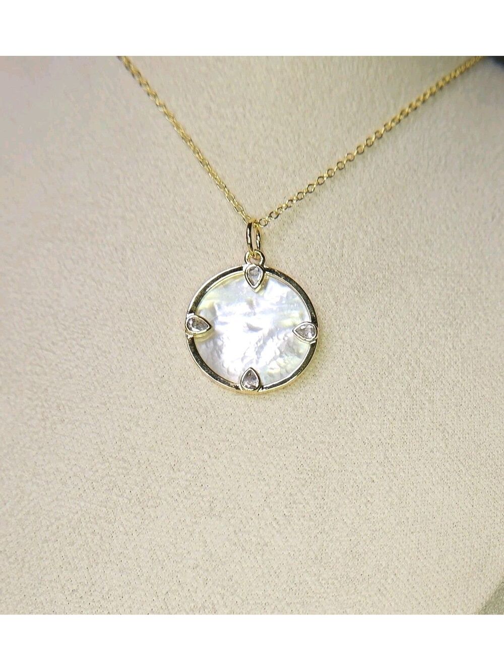 14k Gold-plated Mother of Pearl Pendant Adjustable 17" Necklace MOP CZ NWOT